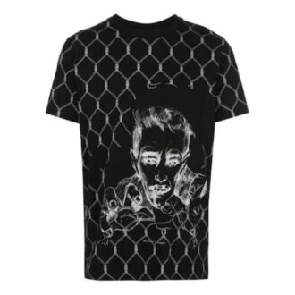 Enfärgad mönstertryckt rundhalsad kortärmad svart T-shirt