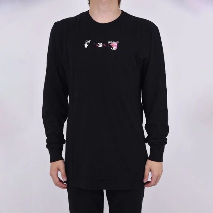 Off-White Herr FW21 Färgmålning Pil Rundhalsad Pullover Långärmad Slim Fit Svart T-shirt