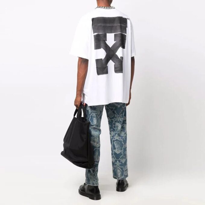 Off-White Herr FW21 Rundhalsad T-shirt med pilmönster, kortärmad, lös passform, vit