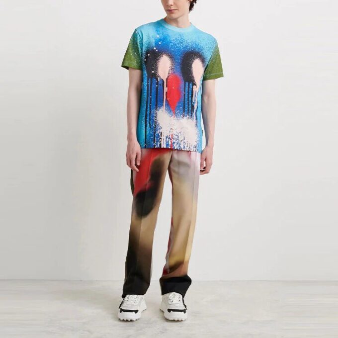 Off-White Herr FW21 T-shirt med spraymönster, rund hals och korta ärmar, blå