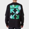 Off-White Herr FW21 T-shirt med tryck på ärmen, grön pil, långärmad, lös passform, svart