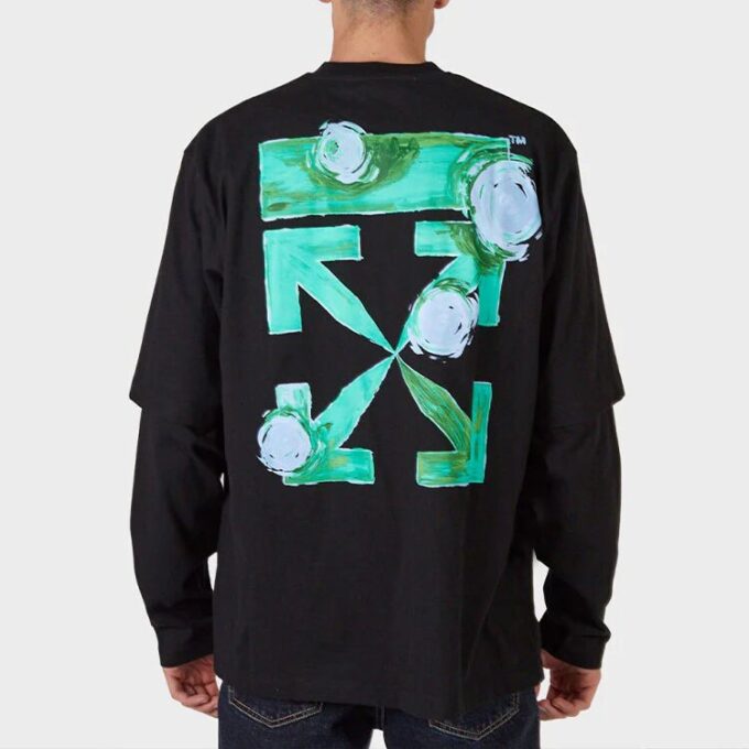 Off-White Herr FW21 T-shirt med tryck på ärmen, grön pil, långärmad, lös passform, svart