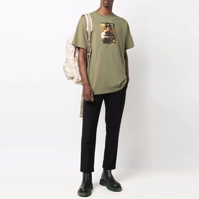 Off-White Herr FW21 T-shirt med tryck, rund hals, korta ärmar och lös passform, grön