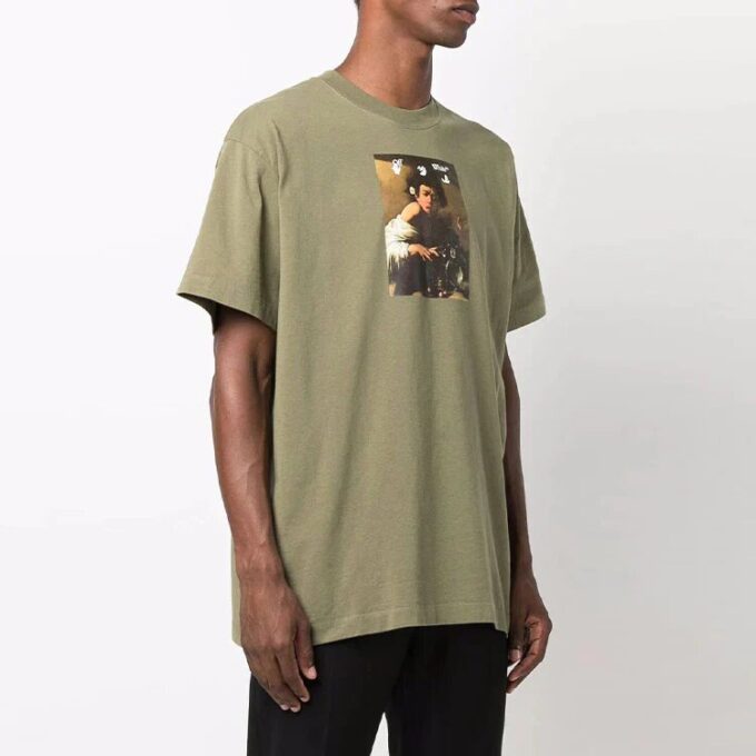 Off-White Herr FW21 T-shirt med tryck, rund hals, korta ärmar och lös passform, grön