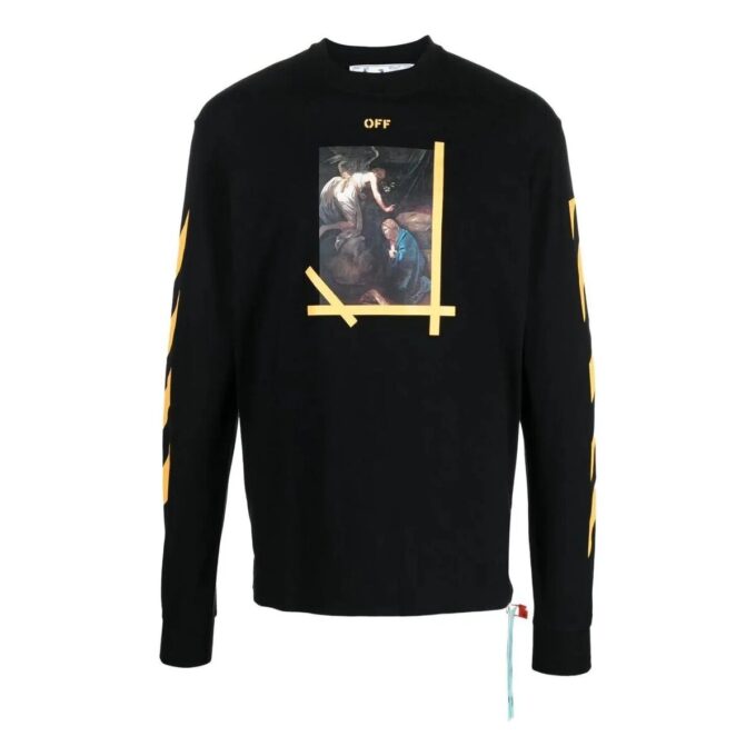 Off-White Herr FW22 enfärgad rundhalsad T-shirt med tryck och långa ärmar i svart