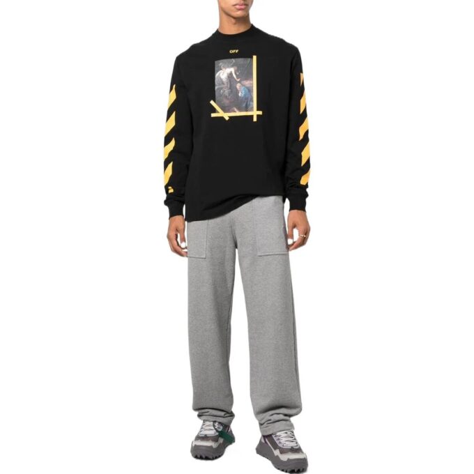 Off-White Herr FW22 enfärgad rundhalsad T-shirt med tryck och långa ärmar i svart