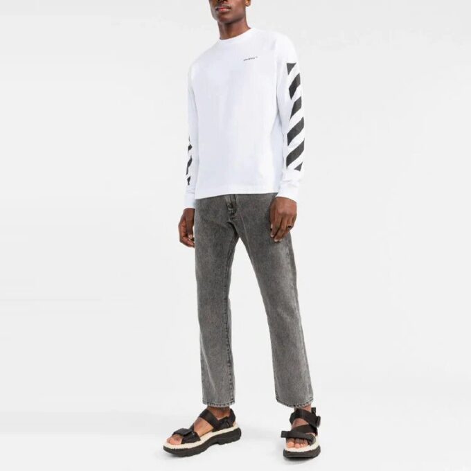 Off-White Herr FW22 Randig rundhalsad långärmad vit T-shirt