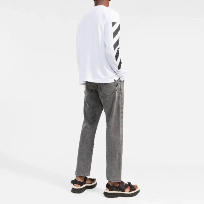 Off-White Herr FW22 Randig rundhalsad långärmad vit T-shirt