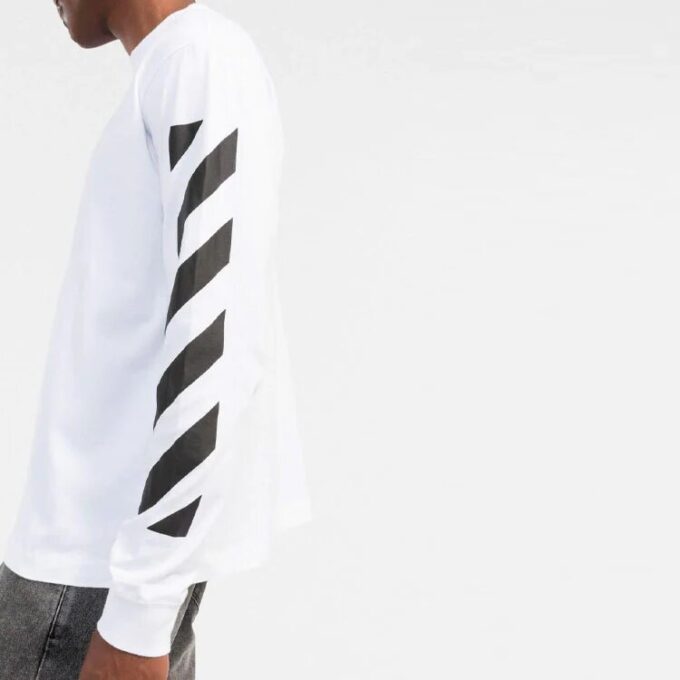 Off-White Herr FW22 Randig rundhalsad långärmad vit T-shirt