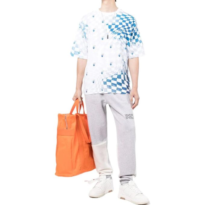 Off-White Herr FW22 Rutig T-shirt med logotryck, rund hals, korta ärmar och lös passform, blå