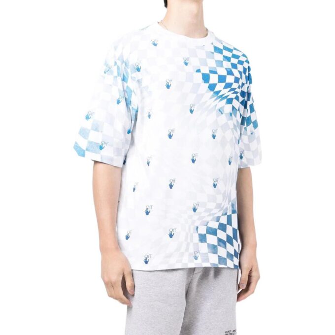 Off-White Herr FW22 Rutig T-shirt med logotryck, rund hals, korta ärmar och lös passform, blå