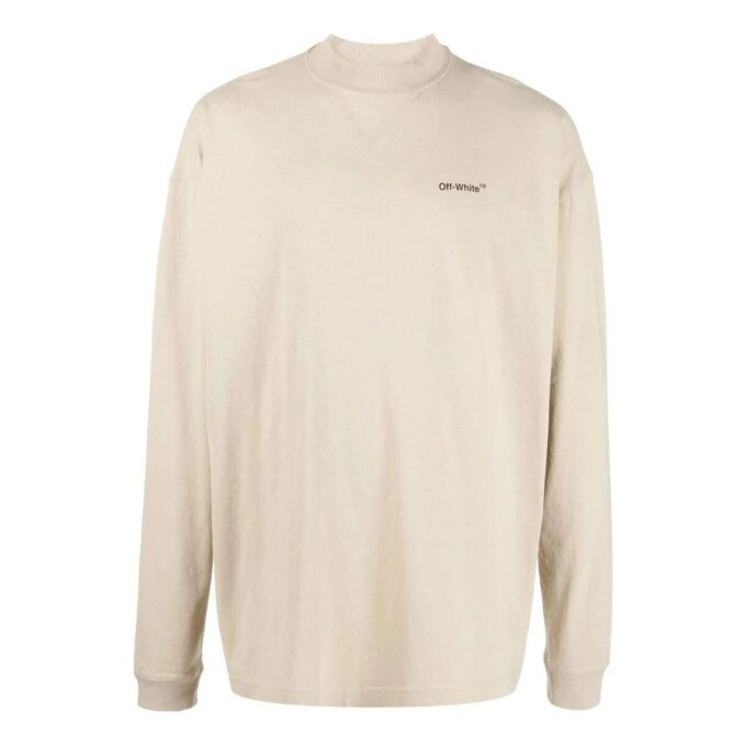 Off-White Herr FW22 T-shirt med alfabettryck, rund hals, långa ärmar och lös passform, krämvit