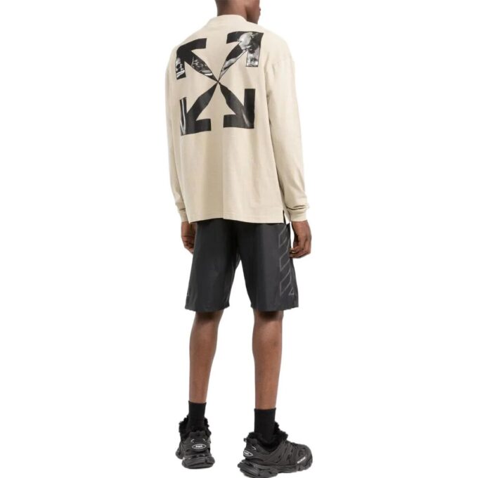 Off-White Herr FW22 T-shirt med alfabettryck, rund hals, långa ärmar och lös passform, krämvit
