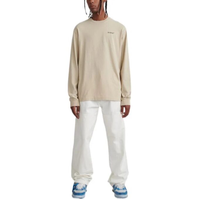 Off-White Herr FW22 T-shirt med logotryck, rund hals, långa ärmar och lös passform i beige