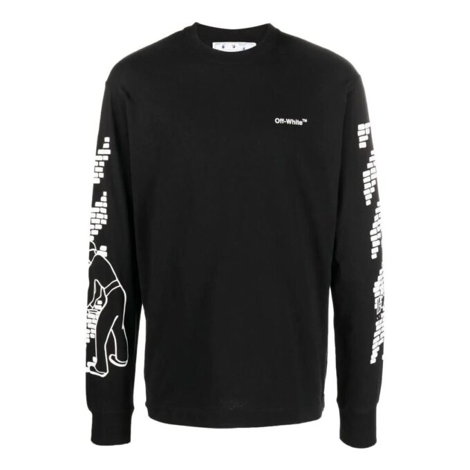 Off-White Herr FW22 T-shirt med logotryck, rund hals och långa ärmar, svart
