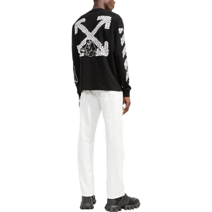 Off-White Herr FW22 T-shirt med logotryck, rund hals och långa ärmar, svart