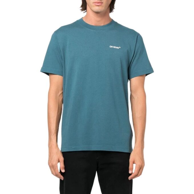 Off-White Herr FW22 T-shirt med piltryck, rund hals och korta ärmar, vanlig version, blå