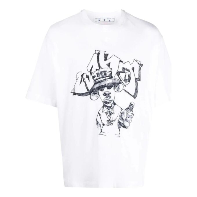 Off-White Herr FW22 T-shirt med tecknad tryck, rund hals, korta ärmar och lös passform, vit