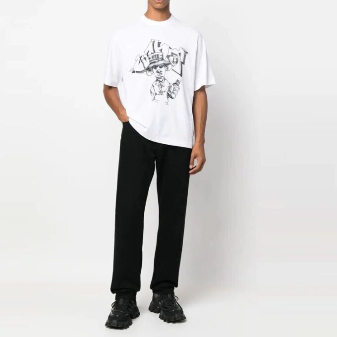 Off-White Herr FW22 T-shirt med tecknad tryck, rund hals, korta ärmar och lös passform, vit