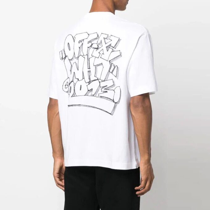 Off-White Herr FW22 T-shirt med tecknad tryck, rund hals, korta ärmar och lös passform, vit