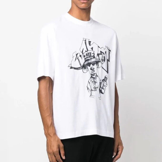 Off-White Herr FW22 T-shirt med tecknad tryck, rund hals, korta ärmar och lös passform, vit