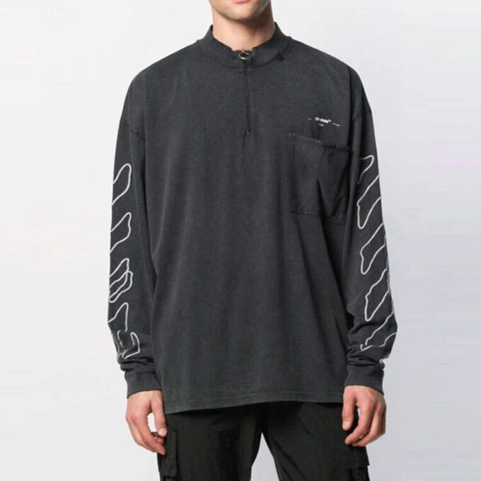 Off-White Herr SS21 Arrow Logo Pattern Halv dragkedja Långärmad Löst sittande Mörkgrå T-shirt