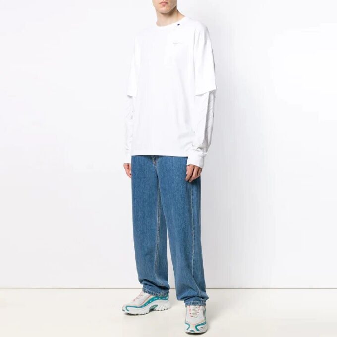 Off-White Herr SS21 T-shirt med logotryck i twill, långärmad, krämvit
