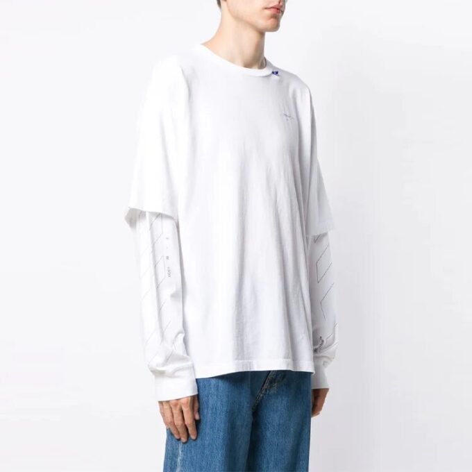 Off-White Herr SS21 T-shirt med logotryck i twill, långärmad, krämvit