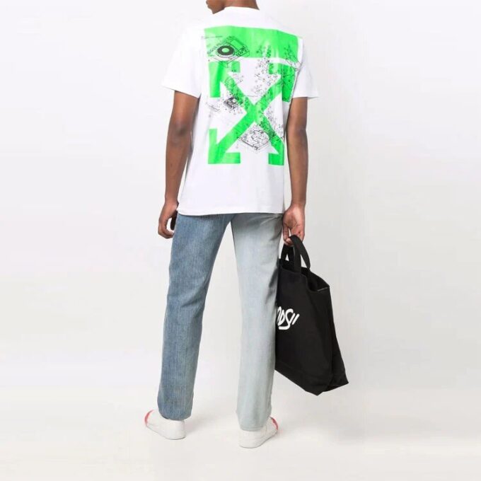 Off-White Herr SS21 T-shirt med målningsmönster, rund hals och korta Shorts, vit