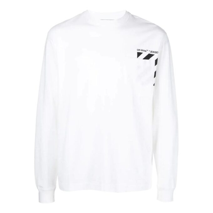 Off-White Herr SS22 Randig logotryckad pullover med rund hals och långa ärmar, vit T-shirt