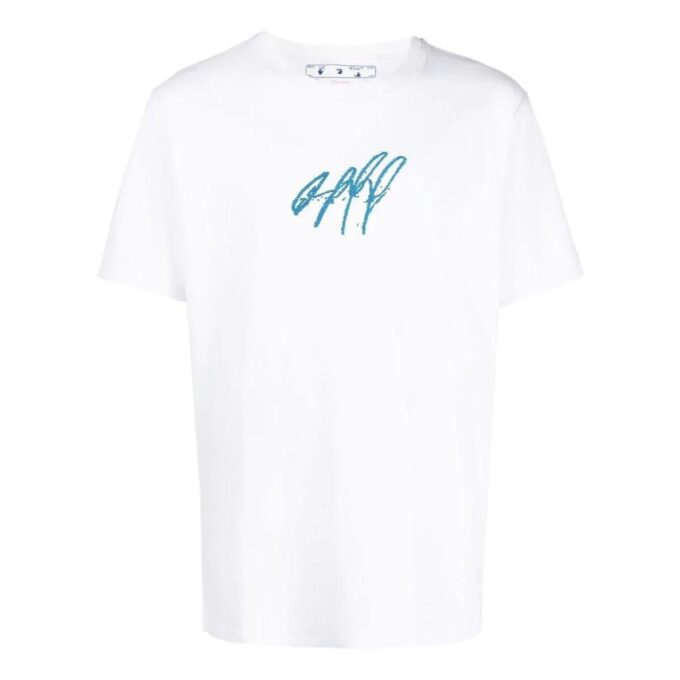 Off-White Herr SS22 Rundhalsad tröja med broderat kortärmad vit T-shirt