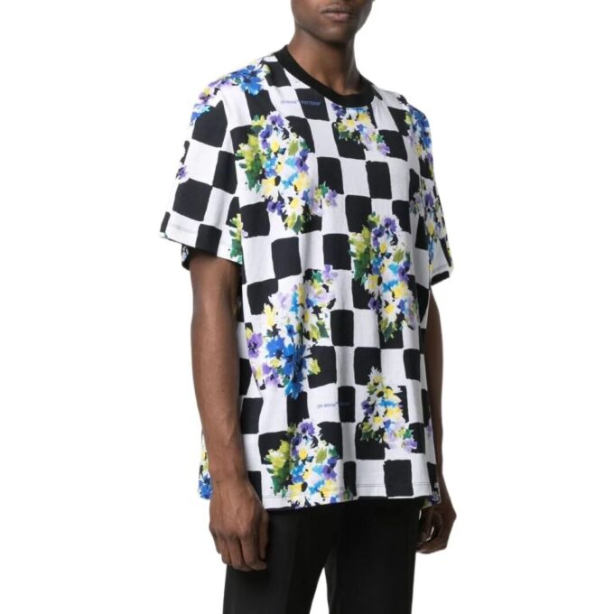 Off-White Herr SS22 Rutig blommönster Rund hals Kortärmad Löst sittande Svart T-shirt