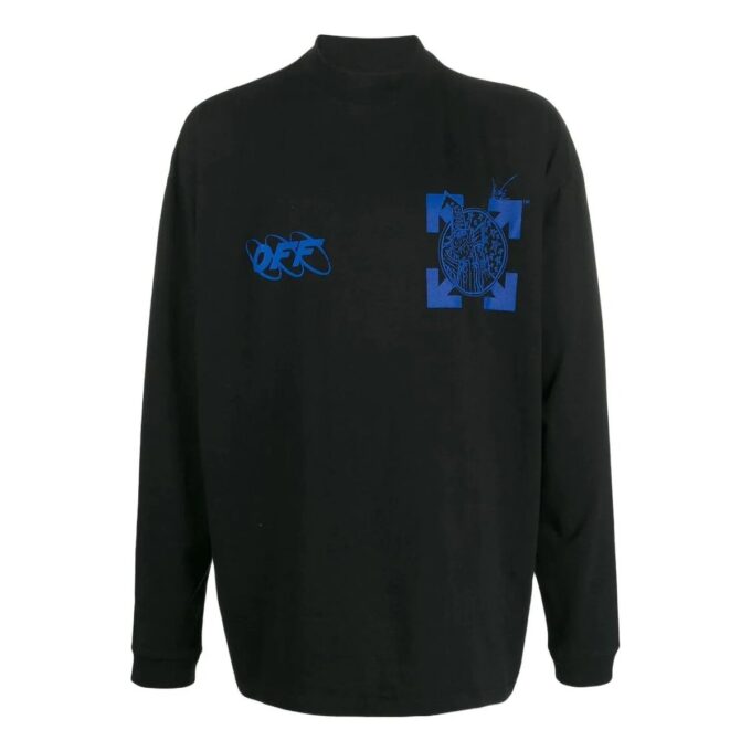 Off-White Herr SS22 T-shirt med logotryck, pilmotiv, halv hög hals och långa ärmar, svart