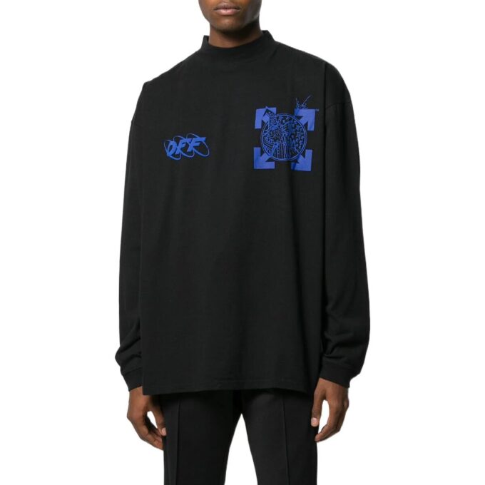 Off-White Herr SS22 T-shirt med logotryck, pilmotiv, halv hög hals och långa ärmar, svart