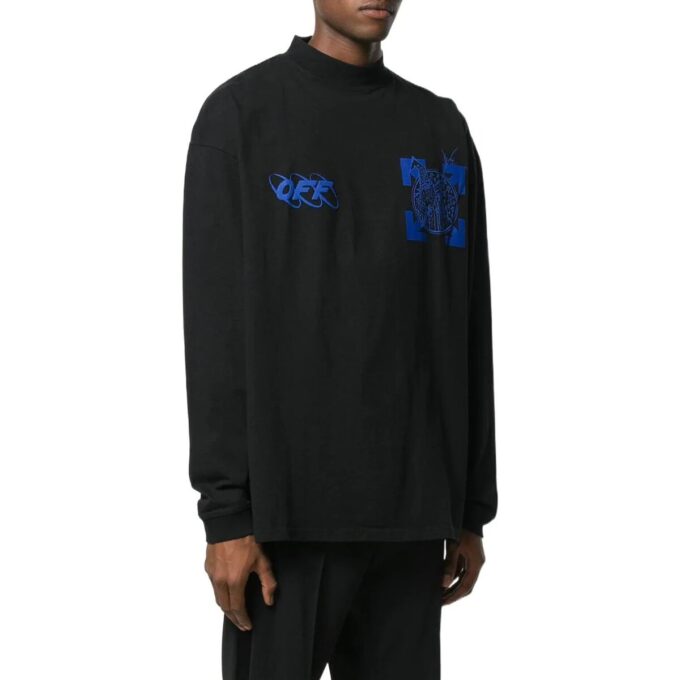 Off-White Herr SS22 T-shirt med logotryck, pilmotiv, halv hög hals och långa ärmar, svart