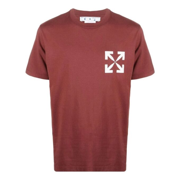 Off-White Herr SS22 T-shirt med logotryck, rund hals och korta Shorts i tegelrött