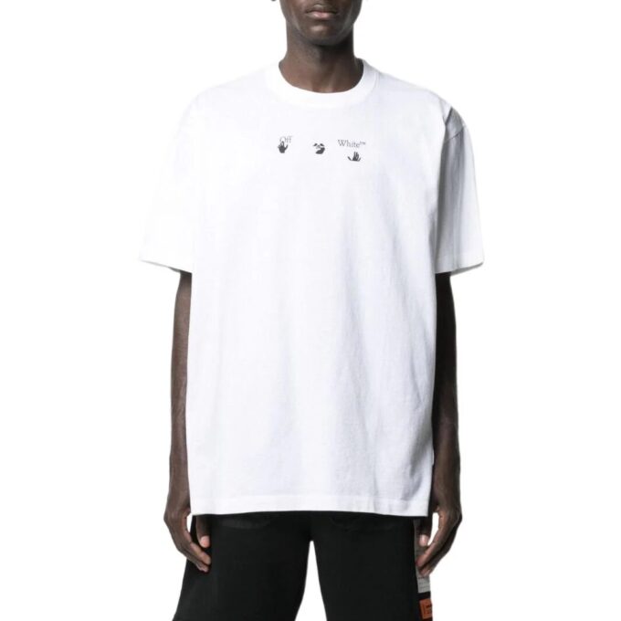 Off-White Herr SS22 T-shirt med tryck på bröstet, rund hals, kortärmad, vit T-shirt med shorts