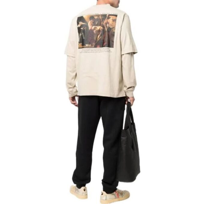 Off-White Herr SS22 T-shirt med tryck på ryggen, långa ärmar och lös passform