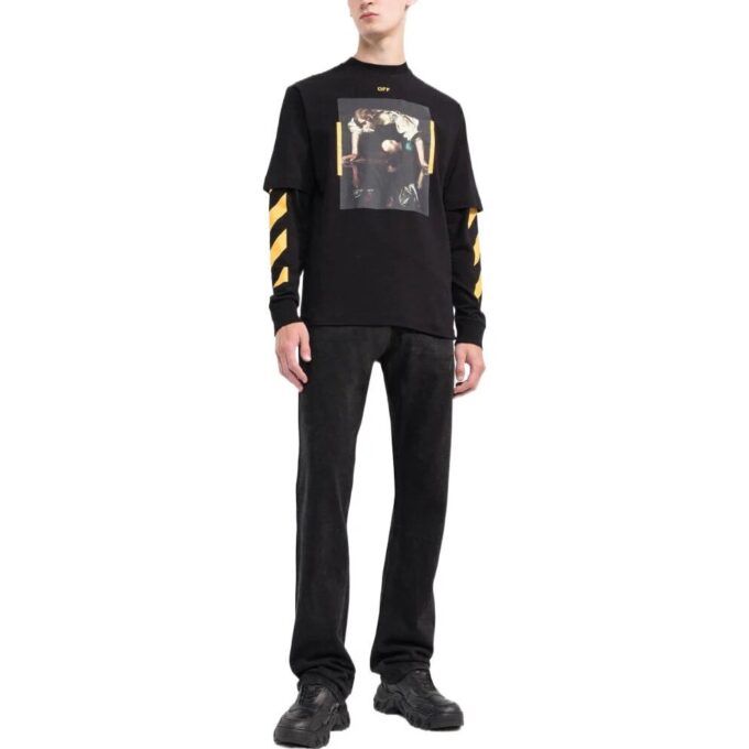 Off-White Herr SS22 Tryckt rundhalsad långärmad T-shirt i svart