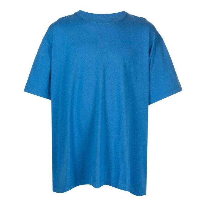 Off-White Herr T-shirt i enfärgat blått med stort logo-tryck, rund hals och korta ärmar