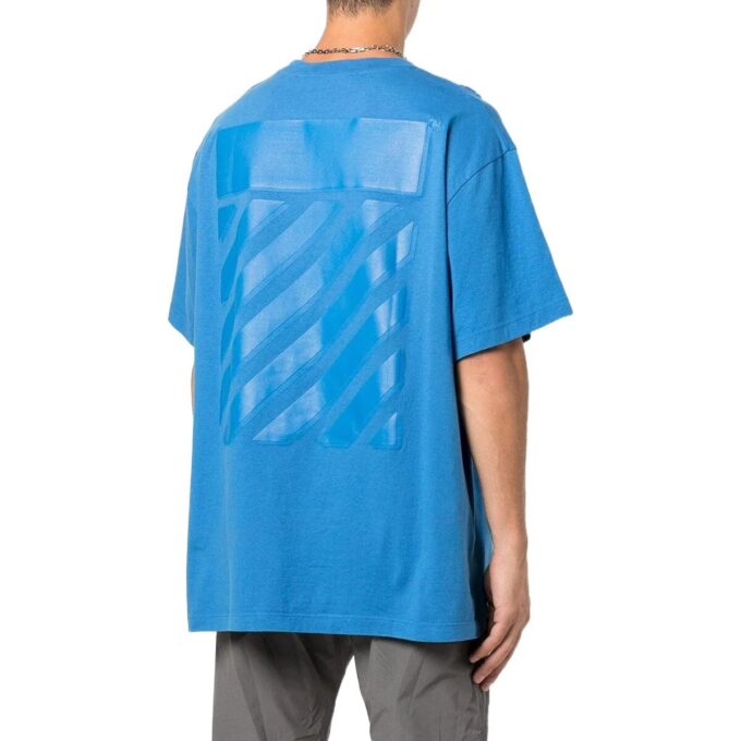 Off-White Herr T-shirt i enfärgat blått med stort logo-tryck, rund hals och korta ärmar