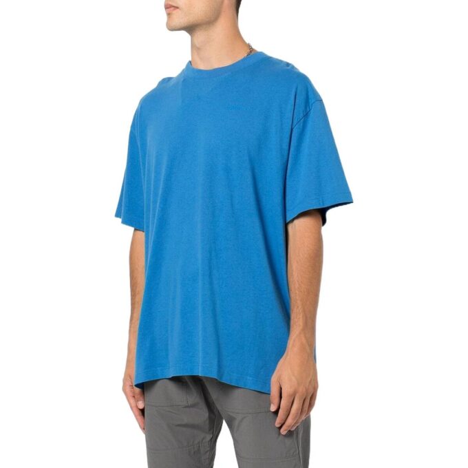 Off-White Herr T-shirt i enfärgat blått med stort logo-tryck, rund hals och korta ärmar