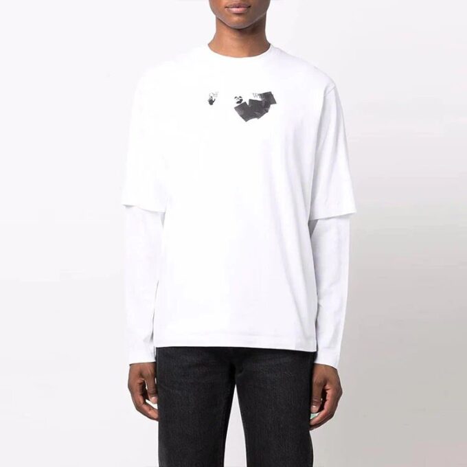 Off-White Herr-T-shirt med Arrows-mönster, dubbla lager, långa ärmar och lös passform, vit