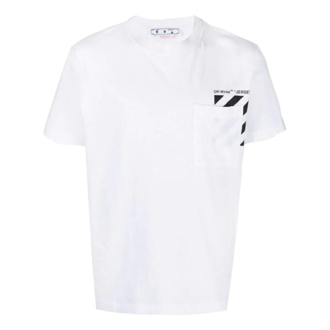 Off-White Herr-T-shirt med bröstremsa, ficka, rund hals och korta ärmar