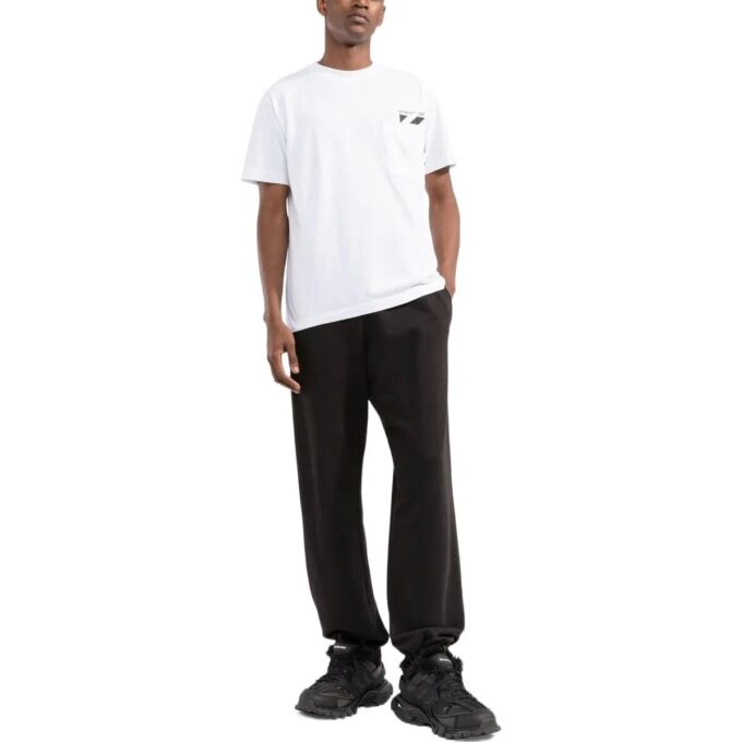 Off-White Herr-T-shirt med bröstremsa, ficka, rund hals och korta ärmar