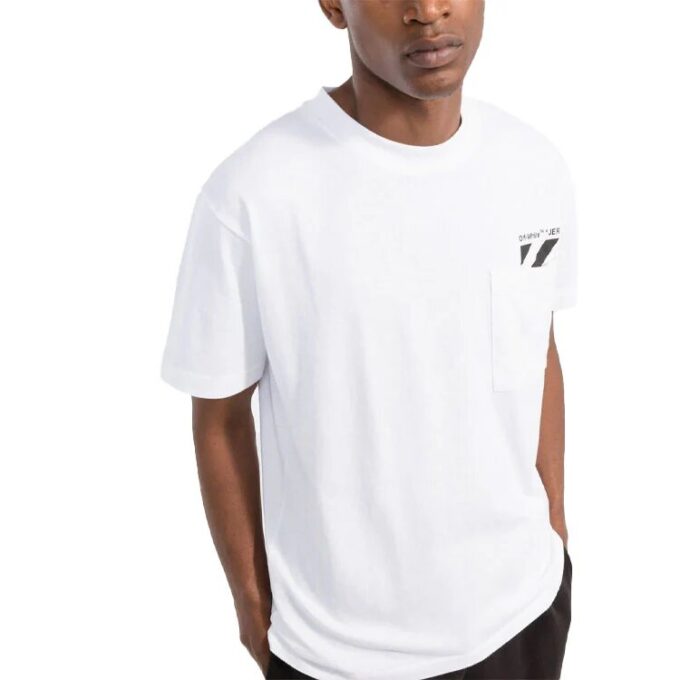 Off-White Herr-T-shirt med bröstremsa, ficka, rund hals och korta ärmar