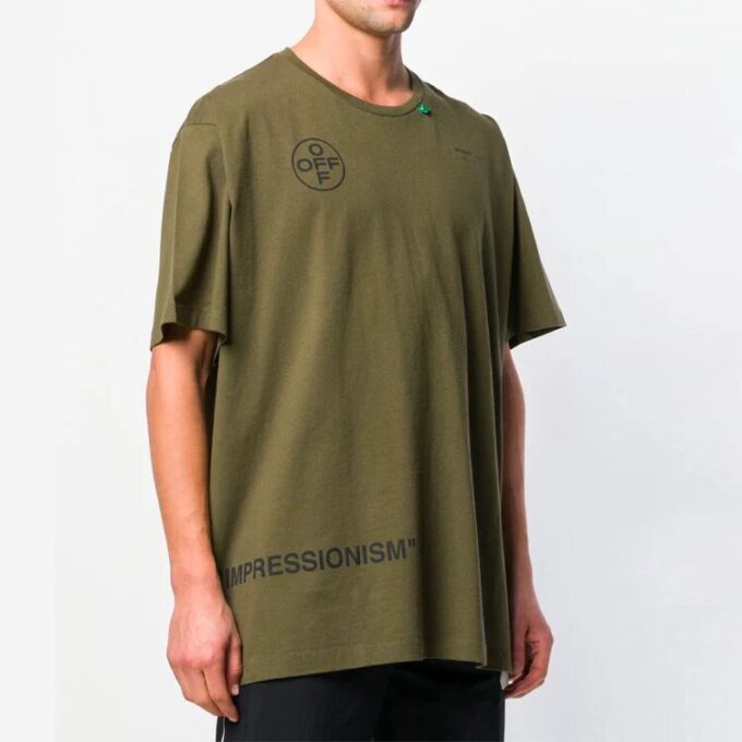 Off-White Herr-T-shirt med graffiti-pilmönster, korta ärmar och lös passform i militärgrönt