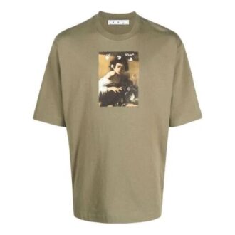 Off-White Herr-T-shirt med karaktärstryck, rund hals, korta ärmar och lös passform, grön T-shirt
