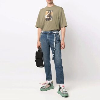 Off-White Herr-T-shirt med karaktärstryck, rund hals, korta ärmar och lös passform, grön T-shirt