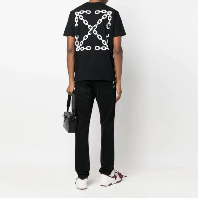 Off-White Herr-T-shirt med kedje- och pil-logotyp, kortärmad, casual-modell, svart